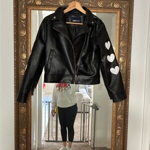 Limited Too Black faux Leather Moto Jacket with White Heart Accents